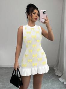 Elenzga Unique Design Sleeveless Bow Ruffle Hem Women Sweater Dress