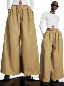 LYSMO 2025 New Arrive Minimalism Fall Women's Solid Color Pleated Pocket Wide Leg Loose Casual Pants - Khaki - View 3