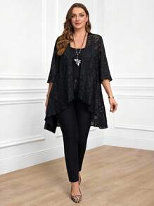 Miaspire Plus Size Women Black Jacquard Pattern 3/4 Sleeve Loose Open Front Cardigan Sweater Summer Spring For Women Vacation Woman Western Wear Women Blouses For Women Elegant Concert