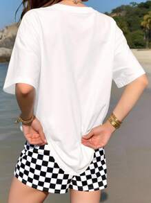 INAWLY Bộ 2 món áo thun cổ tròn tay ngắn in họa tiết nơ và quần short caro thường ngày cho nữ - Nhiều màu - Xem 2