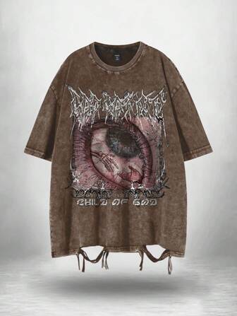 Grunge Punk Camiseta de manga corta casual de hombre con estampado de ojo y bajo desgastado, para verano