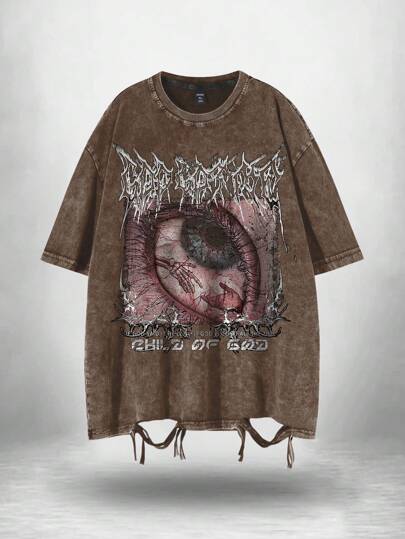 Grunge Punk تي شيرت كاجوال للرجال مطبوع عليه عين، مع حافة مبعثرة، أكمام قصيرة، صيفي