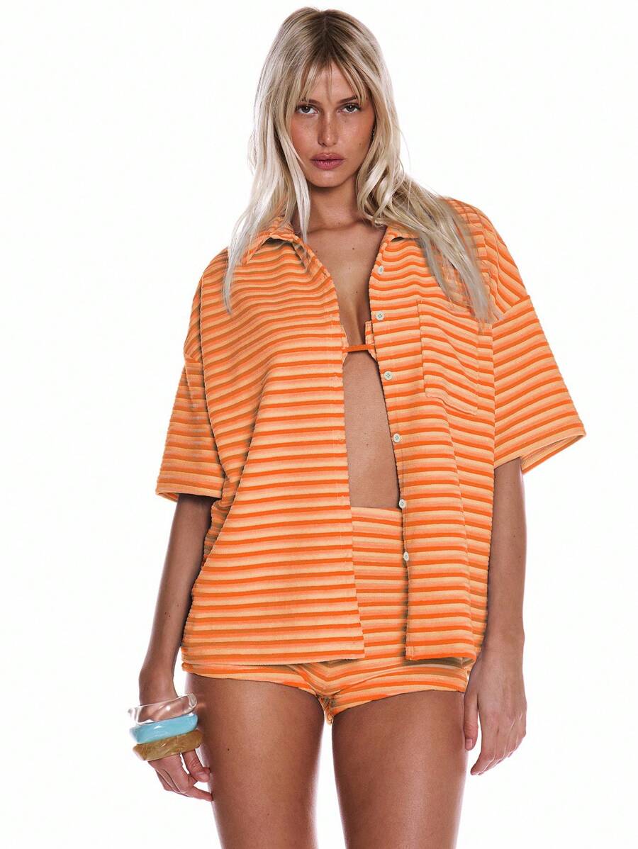 MUSERA 丝绒条纹宽松短袖衬衫，春夏度假海滩可爱假日伊比沙岛海滩机场穿搭秋季 - 橘色 - 查看 1