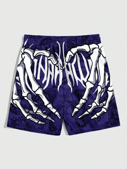 Goth Men's Casual Skull Hand Print Shorts, Summer
