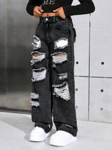 SHEIN Tween Girls Y2K 时尚石洗街头风格宽松破洞直筒牛仔裤，女孩秋装套装 - 黑色 - 查看 6