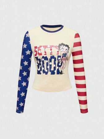 Betty Boop | ROMWE Vintage Distressed Star & Stripe Pattern Fitted Women T-Shirt