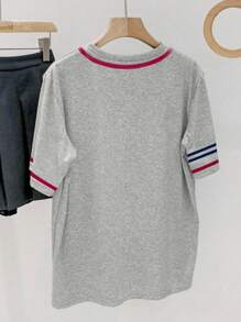 SHEIN 大码夏季休闲拼色条纹骑士印花T恤