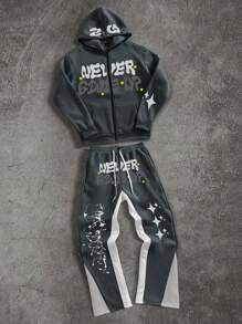 PAVTROS 时尚男士字母印花连帽衫和裤子套装，采用柔软针织面料，男士两件套，男士连帽衫套装，男士街头服饰套装，男士慢跑裤套装