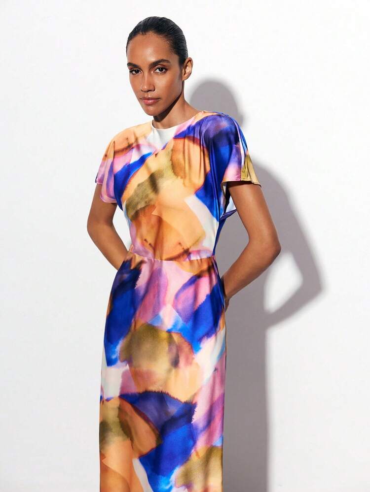 SHEIN Maija Vestido casual elegante de fiesta de mujer con cuello redondo, manga corta y ajustado, de tela de crepé de satén con estampado de teñido anudado en azul y naranja, adecuado para el trabajo, vacaciones, fiestas y como invitada de boda