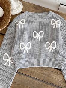 Sparklyn Tween Girl New Fashionable Versatile Cute Bow Knit Pullover Sweater Bow Sweater Bow Knit Sweater Sweater With Bows Bow Sweater Cropped Bow Sweater Cute Sweaters Sweater Fall Winter Fall Craft Sweater Cute Bow Sweaters - Grey - View 5