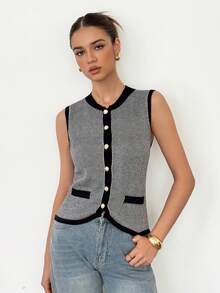 SHEIN Tall 秋冬时尚通勤撞色边珍珠纽扣针织背心 - 藍色 - 查看 3