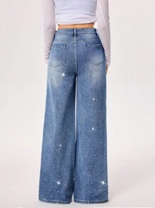 Rivivi Fashionable Commuter Washed Rhinestone Embellished Wide Leg Jeans - Light Wash - View 2