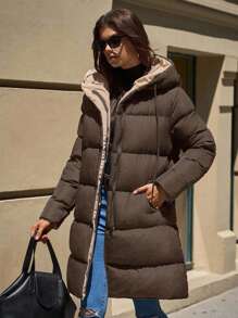 EURMUSE Women's Two-Tone Hooded Pocket Zip-Up Mid-Length Winter Jacket - Mocha Brown - View 5