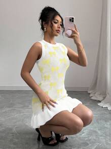 Elenzga Unique Design Sleeveless Bow Ruffle Hem Women Sweater Dress