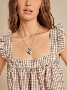 WESTFADE Cotton Blend Gingham Square Neck Ruffle Flutter Sleeve Mini Babydoll Dress Back To School Cute Fall Summer Western Country Concert Outfit - Khaki - View 4