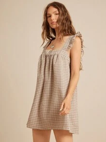WESTFADE Cotton Blend Gingham Square Neck Ruffle Flutter Sleeve Mini Babydoll Dress Back To School Cute Fall Summer Western Country Concert Outfit - Khaki - View 5
