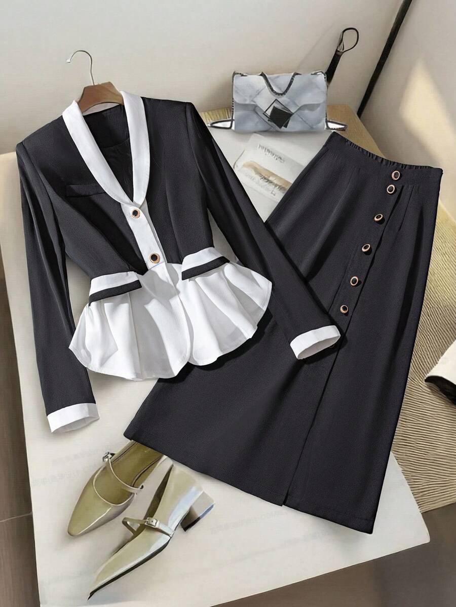Franclia Autumn Women's Clothing New Style Elegant Commuting Simple Basic Fashion Daily Date Model With Scallop Edge Decoration + Exquisite Metal Button Decoration, Black And White Classic Clash Color, Long Sleeve Suit Jacket + Mid-Length Semi-Skirt, Slim And Versatile Autumn And Winter Temperament Two-Piece Suit,Winter Clothes For Women ,Autumn Women ,Elegant Women's Set,Chic Women's Set,Chic Blazer Women