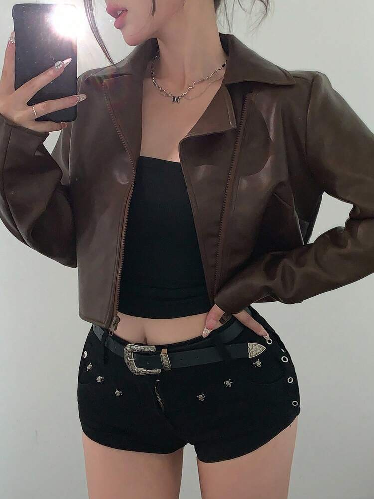 Women's Loose Casual Short PU Jacket, Street Style For Autumn & Winter,Fall Women Clothes Leather Jacket