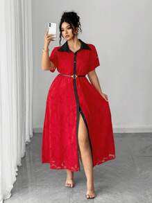 Elenzga Plus Size Women's Short Sleeve Elegant Contrast Color Lapel Peony Textured Waist Fit And Flare Dress - Red - View 3