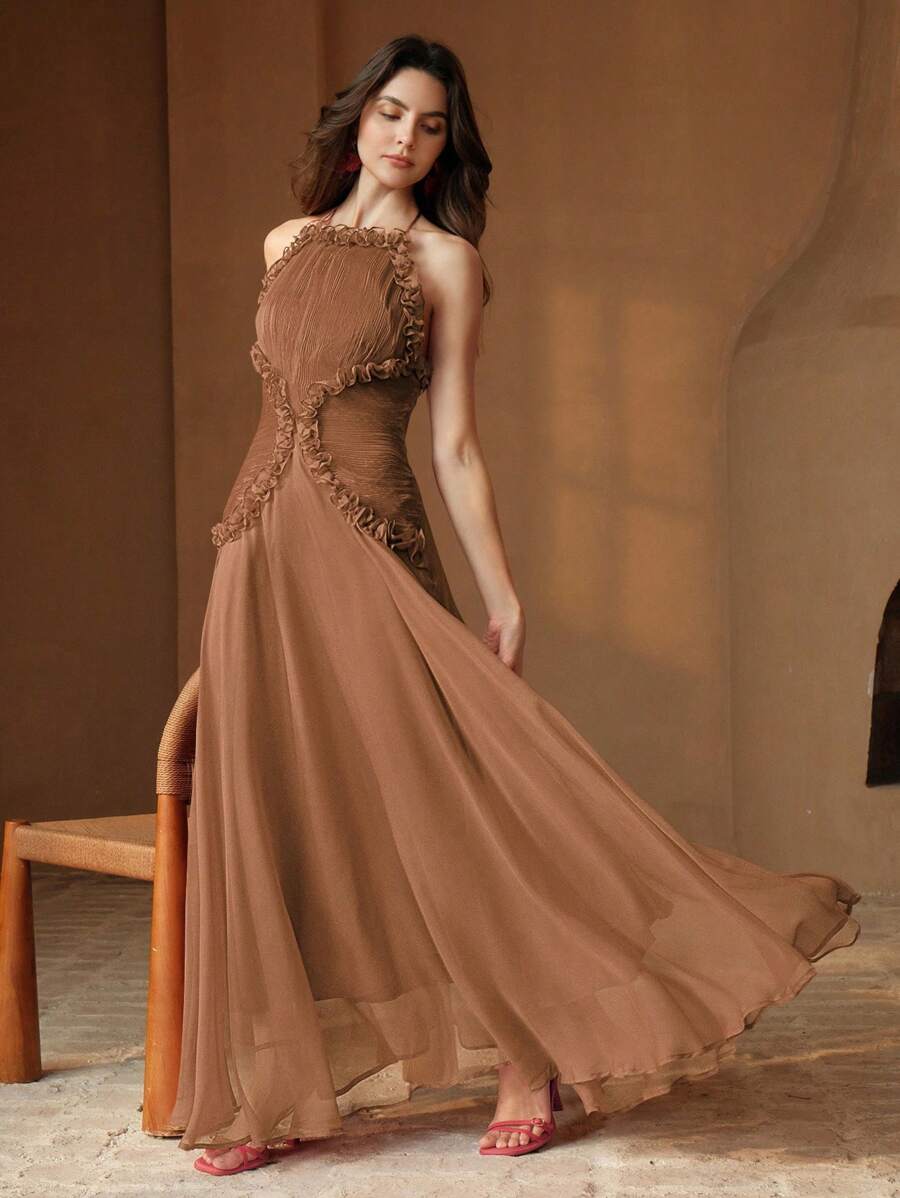 Anewsta Elegant Red Spaghetti Strap Ruched Waist Dress With Ruffled Hem, High-End Mini Cocktail Dress - Khaki - View 1