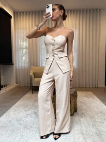 Lavishia 女士商务正装两件套优雅通勤法式西装 - 卡其色 - 查看 6
