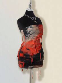 SHEIN ICON Robe moulante mini dos nu avec effet tie-dye contrastant orange et noir pour femmes