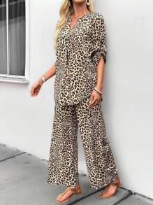 EMERY ROSE 夏季女士豹纹衬衫和裤子两件套 - 棕色 - 查看 7