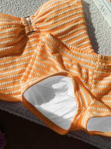 Comfortcana Bộ áo yếm xếp nếp in họa tiết sọc và quần short siêu ngắn phong cách nghỉ mát mùa hè cho nữ - trái cam - Xem 5