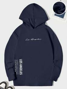 EURMUSE Men's Slogan Print Loose Fit Casual Hoodie Sweatshirt - Navy Blue - View 1