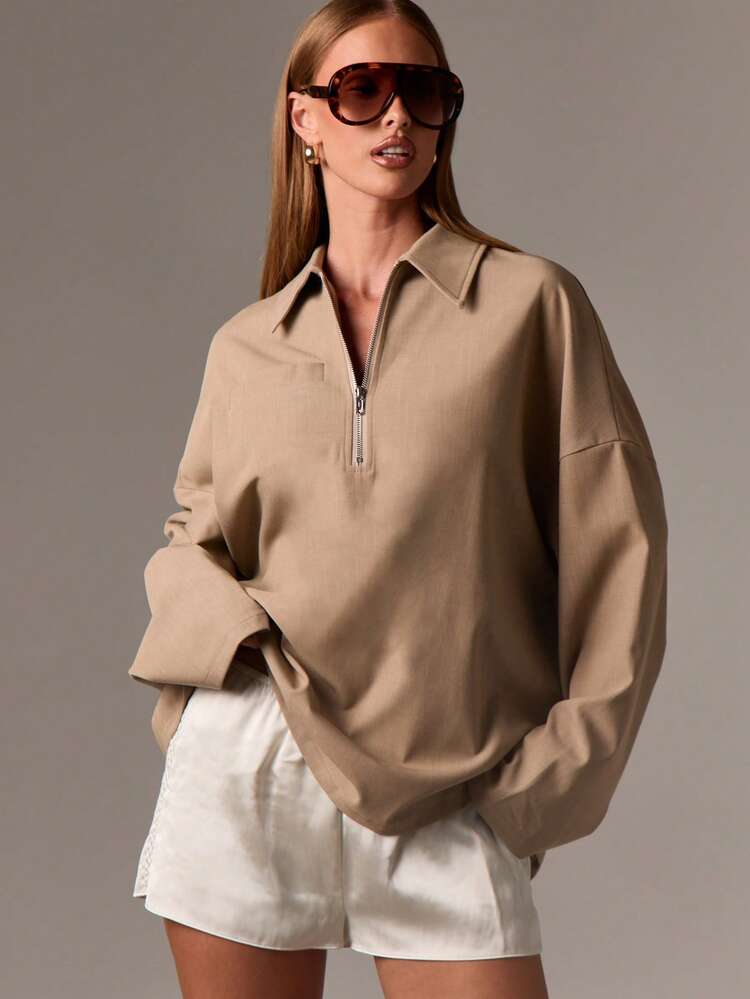Oversized Quarter Zip Collared Jacket With Relaxed Sleeves