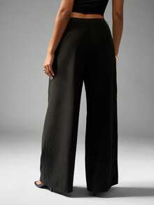 MISSGUIDED Pantalones palazzo de pierna ancha de cintura alta con sensación de lino, elegante vestimenta formal de verano, primavera y otoño, pieza de moda de declaración - Negro - Ver 2