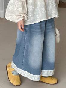 Dazy Kids Girls' Wide Leg Denim Pants, Young Girl Fall Clothes - Light Wash - View 1
