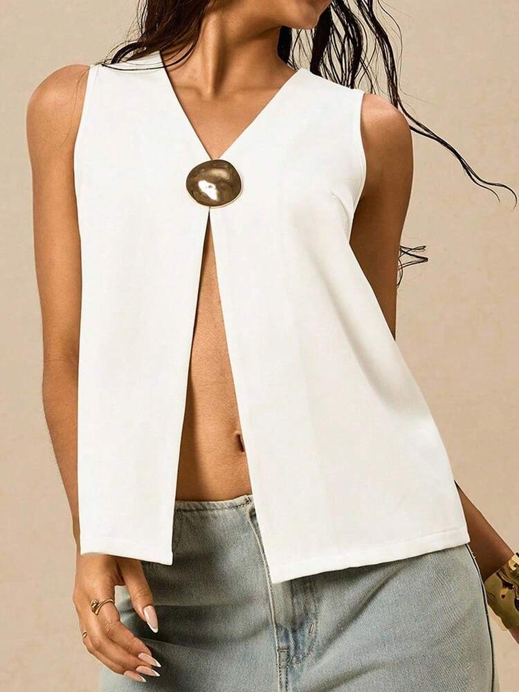 Easelle Women's Spring And Summer Fashion Modern Urban Simple Commuting Asymmetrical Metal Button Decoration White Fitted V-Neck Thin Jacket - White - View 1