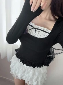 FRIFUL Women's Square Neck Polka Dot Patchwork Drawstring Bow Decor Ruffle Hem Long Sleeve Slim Fit Versatile T-Shirt, Autumn Cute Tops