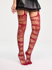 ROMWE Grunge Punk 1 双性感渔网袜，酒红色镂空吊带款式，简约几何镂空设计，超薄弹力透明紧身裤 - 酒紅色 - 查看 3
