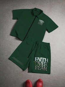 PAVTROS Set di camicia e pantaloncini casual estivi da uomo con stampa di slogan