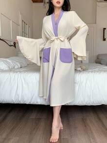 Elegant Ruffled Contrast Color French Style Loungewear Robe, Soft & Comfortable For Women, Fall - Beige - View 6