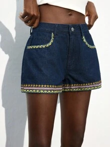 Maija Quần short denim nữ, quần short ôm vừa vặn, thêu họa tiết, màu xanh lam - Rửa trung bình - Xem 4