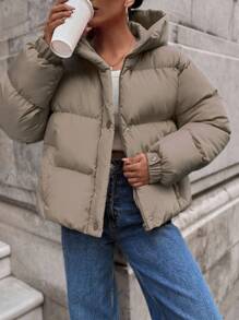 EURMUSE 女士冬季连帽口袋夹克，格子编织时尚纯色高街外套，温暖厚实 - 米色 - 查看 4