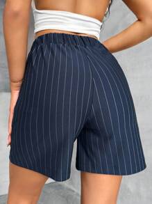 SHEIN Women Striped Detailed Elastic Waist Casual Shorts - Navy Blue - View 2