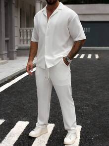 Manfinity CasualCool 男士格子纯色提花短袖衬衫+抽绳松紧腰裤，夏季男士必备单品 - 白色 - 查看 3