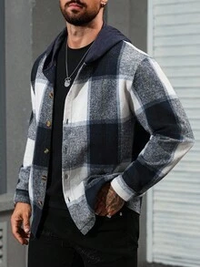 Manfinity Homme 男士休闲格子连帽外套 - 藍白色 - 查看 4