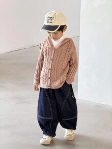 SHEIN Young Boys' Casual Zip-Up Hooded Cardigan With Twist Floral Design Kids Cardigan Boys Knit Cardigan Kids Knitwear Toddler Boy Hooded Cardigan Cable Knit Cardigan Kids,In Fall/Winter - Khaki - View 4