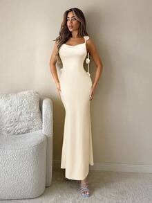 SHEIN ICON Váy Maxi Bodycon hở lưng gợi cảm với họa tiết hoa 3D dành cho nữ - Màu be - Xem 3