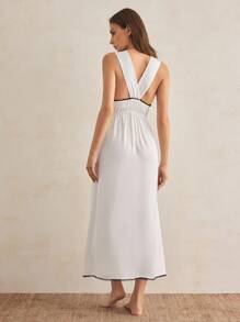 Charlaine Women's Sexy V-Neck Contrast Lace Nightgown, Summer - Black and White - View 3