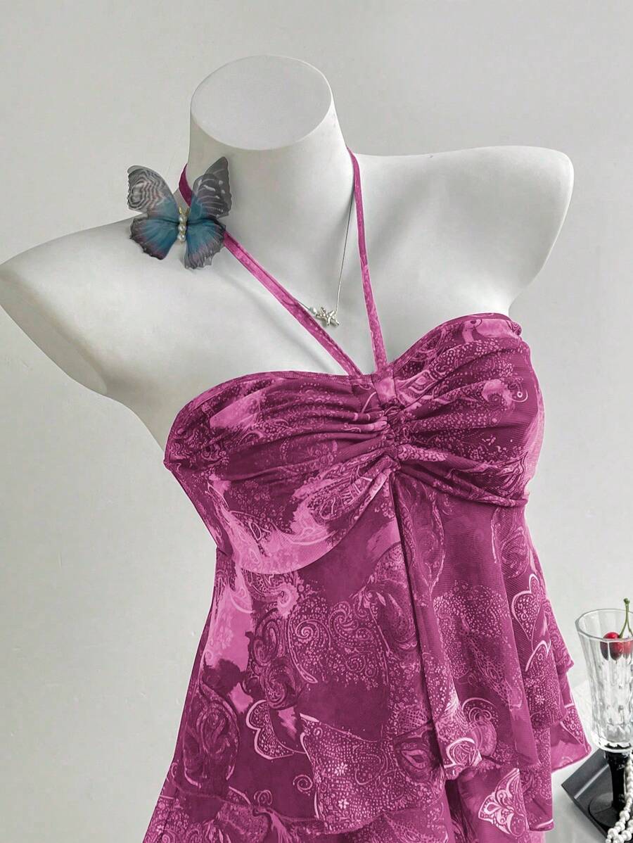 Franclia 女士时尚印花露肩抹胸 - 玫紅色 - 查看 1