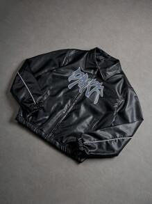 PAVTROS Men's Letter Graphic Street Casual PU Leather Jacket, Y2k, Letter Man Jacket, Personalize Ball Jacket , Fall Winter, Grunge - Black - View 8