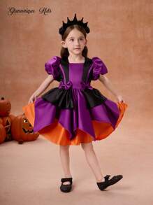 Glamorique Kids Váy biểu diễn tiệc tùng ngày lễ cho bé gái, váy hóa trang phù thủy với tông màu chủ đạo là tím và đen, tay bồng, chân váy nhiều lớp, lớp lót bằng vải satin màu cam bí ngô, váy công chúa cho tiệc tùng ngày lễ - Màu tím - Xem 6