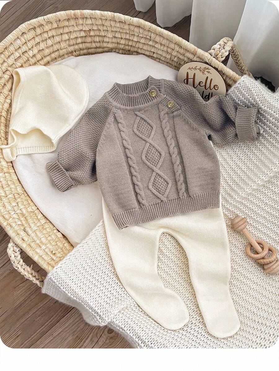 SHEIN Newborn Baby Girl Casual Solid Color Sweater, Knit Pants And Hat 3pcs Set, Autumn/Winter Fall Neutral - Brown - View 1