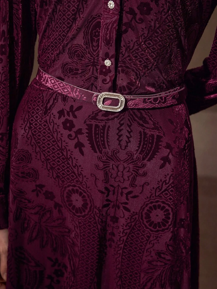 VELVET JACQUARD EMBOSSED ELEGANT MIDI DRESS